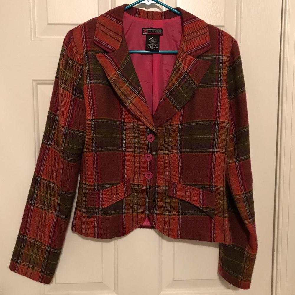 Pink and olive plaid wool blend blazer